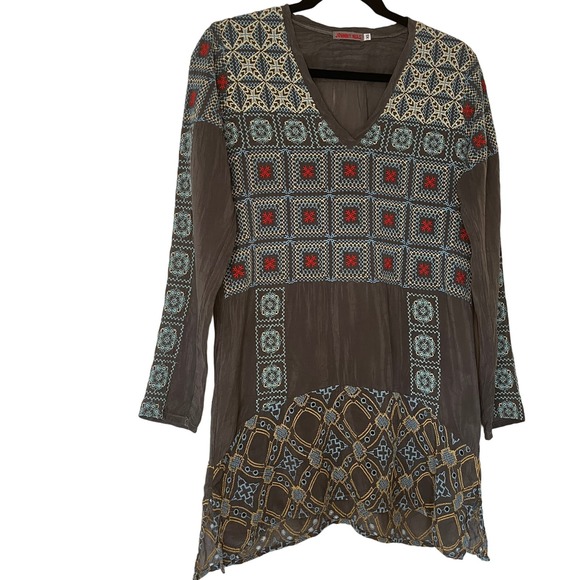 Johnny Was Tops - Johnny Was Geometric Embroidered Long Sleeve Grey Tunic